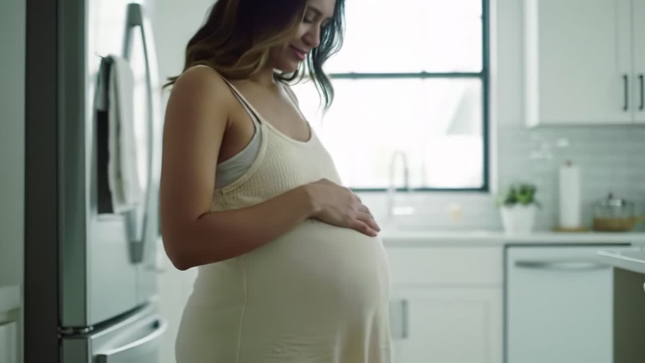 Mujer embarazada tocándose el vientre en una cocina