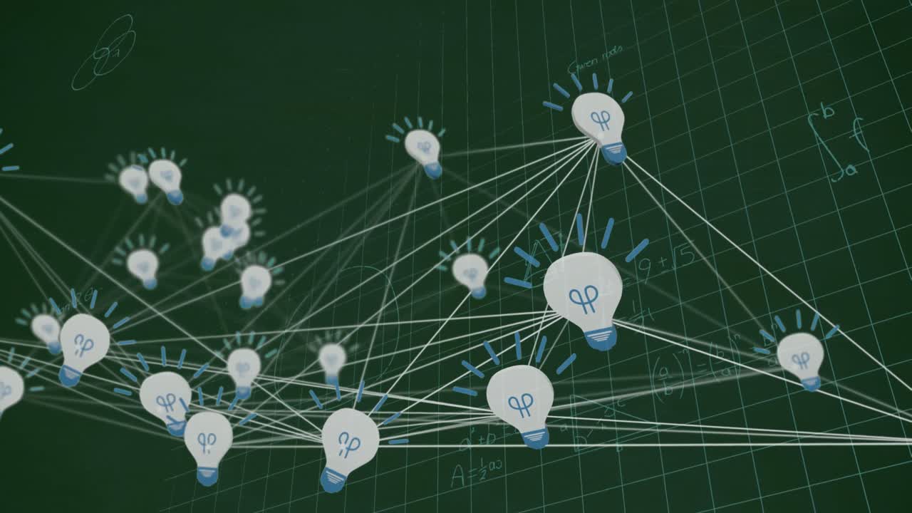 검은 바탕의 수학 방정식 위에 아이콘으로 연결된 네트워크의 애니메이션
