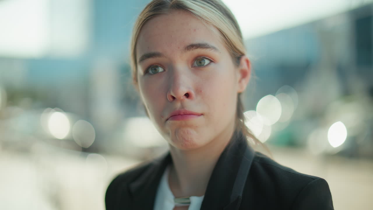 Woman in professional setting operating phone stares at camera with surprised look, dressed in formal attire, standing outdoors with bright urban background of soft bokeh lights and modern buildings