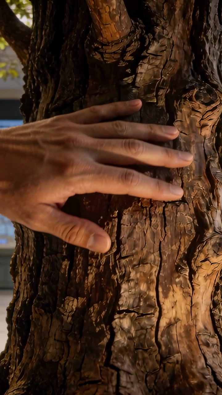 Video verticale: Mano destra che entra e traccia la corteccia sul tronco sulla veranda, sentendo la trama alla luce calda.