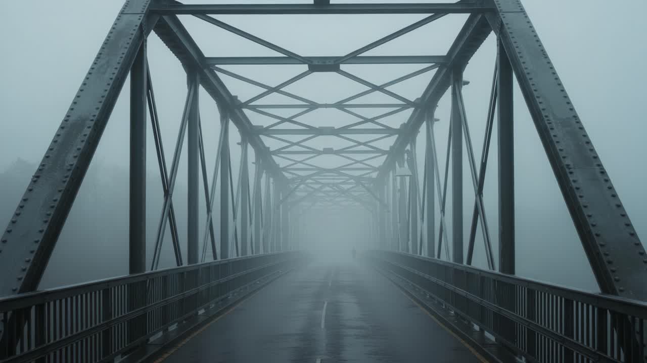 A Lone Figure on a Foggy Truss Bridge