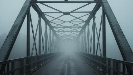 a lone figure on a foggy truss bridge