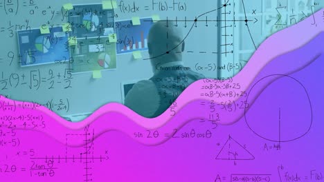Animation-mathematical-formulas-over-purple-waves-over-businessman-using-computer