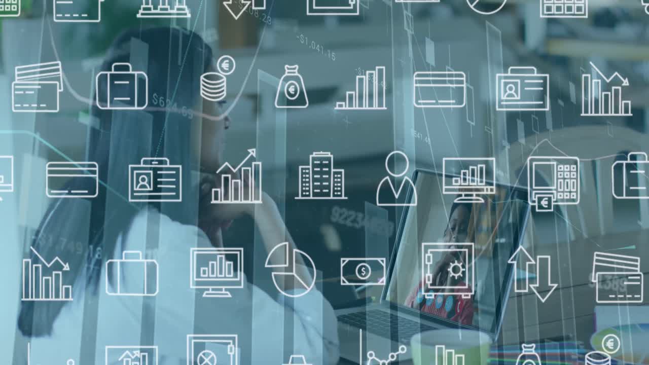 animación de iconos financieros sobre mujer biracial haciendo una videollamada en computadora portátil