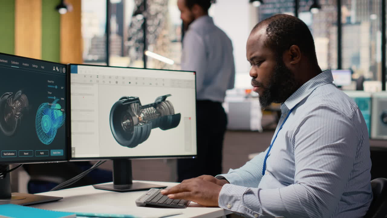 Engineer In Office Working On Wind Turbine Component Cad Design