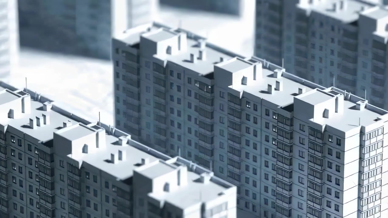 Pulling camera moving right and closer in studio showing apartment blocks vents balconies for study
