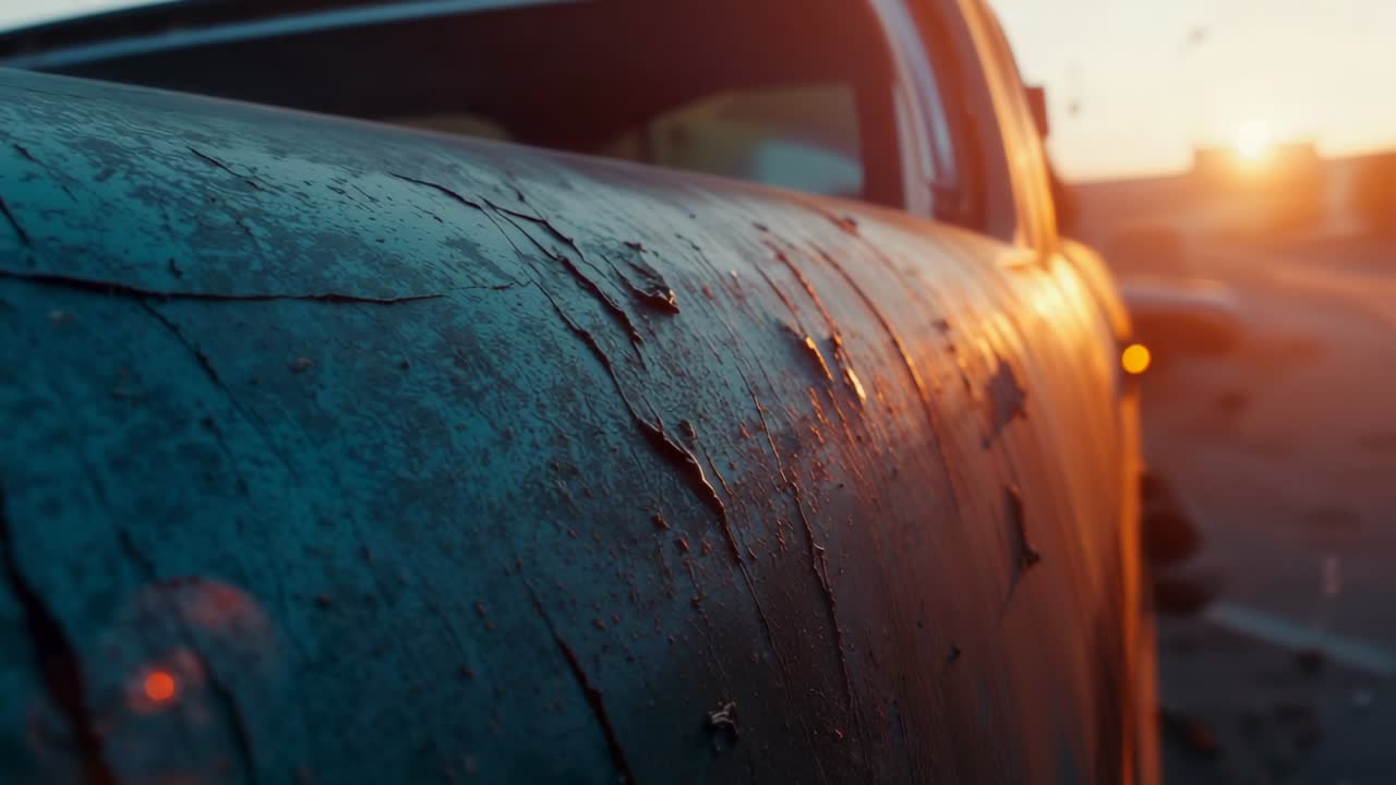 Closeup camera panning across rusted car door in parking lot at sunset, revealing peeling paint