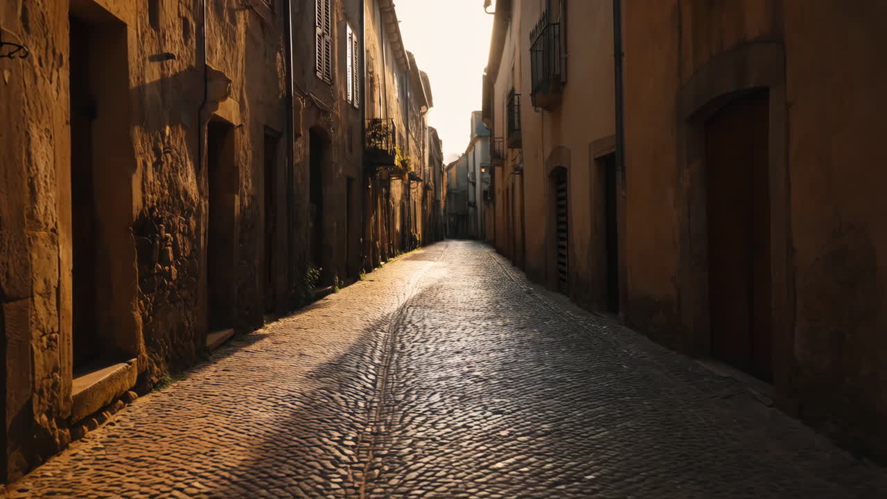 Sonnenbeschienene Kopfsteinpflasterstraße in einer alten europäischen Stadt