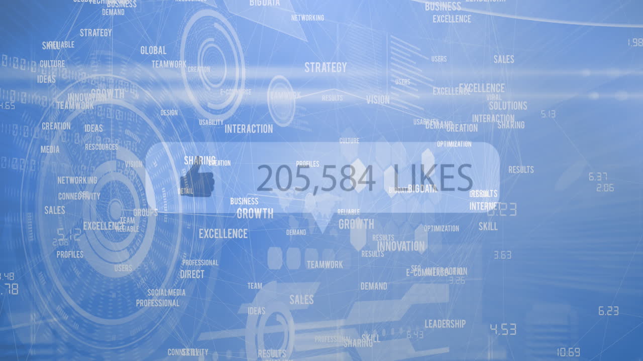 좋아하는 것과 숫자, 스 ⁇  스캔 및 비즈니스 텍스트를 파란색으로 표시한 음성 버블의 애니메이션