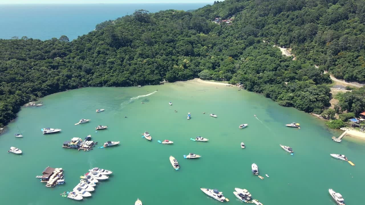 Aerial View Of Mooring Boats And Floating Bars Near Porto Belo Peninsula, Southern Brazil.