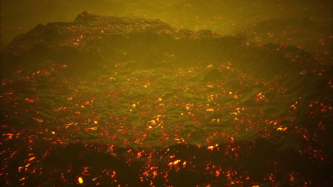 Lava flow lights the landscape during a twilight eruption