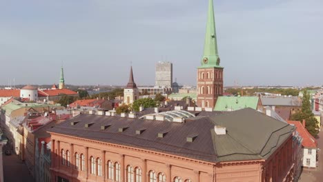 Aerial-drone-flying-above-Art-Museum-RIGA-BOURSE,-sunny-day,-rising