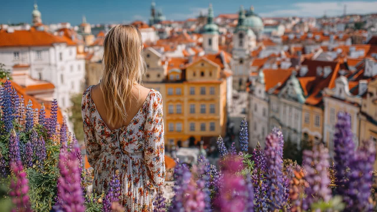 A Serene View Over Vibrant Rooftops and Colorful Blooms: A Woman Enjoys the Breathtaking Cityscape Amidst Purple Flowers, Capturing a Moment of Tranquility