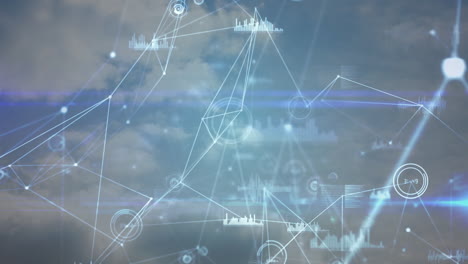 animación de la red de conexiones sobre el cielo con nubes