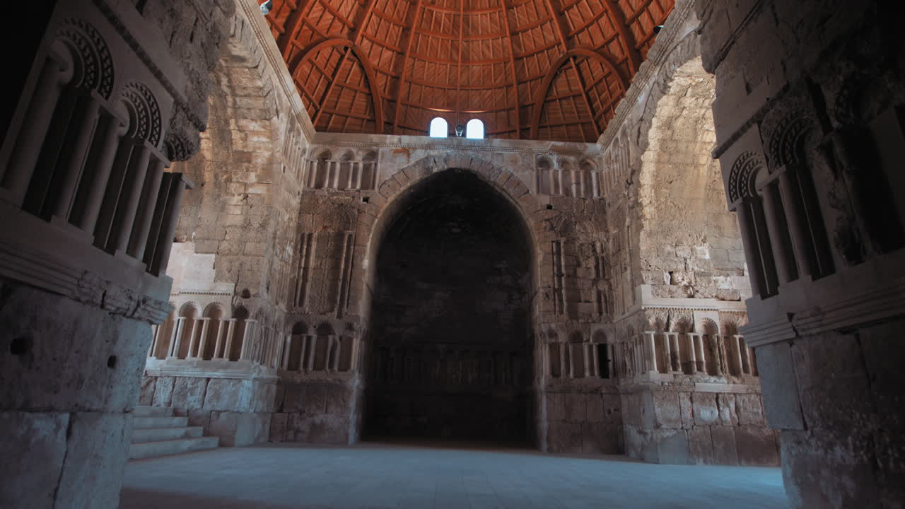 Umayyad Palace at Jabal Al Qal'a, the Citadel of Amman, Jordan. wide shot, Umayyad palace hall from inside. 4K footage