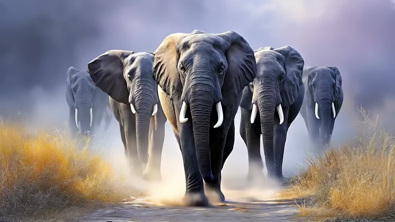 비포장 도로를 걷고 있는 코끼리 무리