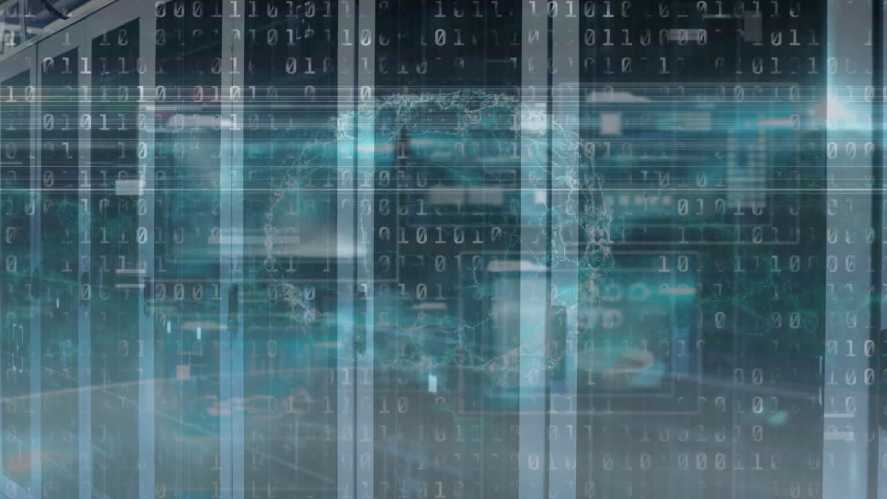 Animation of binary coding and human brain icon against computer server room