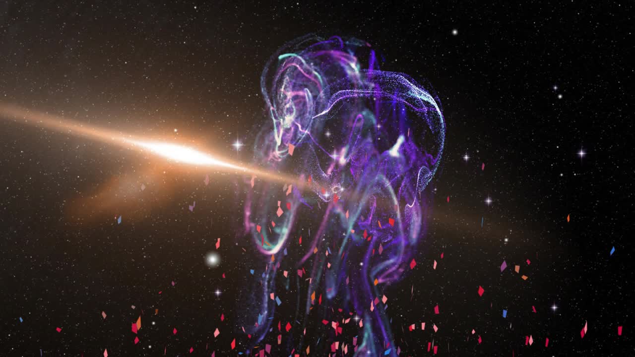 Red-blue particles rushing inward, condensing violet jelly nebula, golden beam highlighting colors