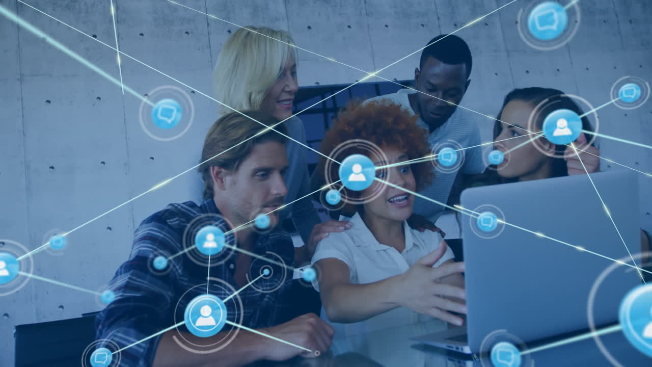 Animation of network of connections with icons over diverse colleagues discussing work in office