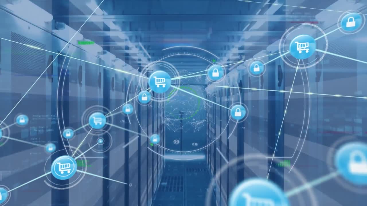 Animation of network of connections and data processing over computer servers