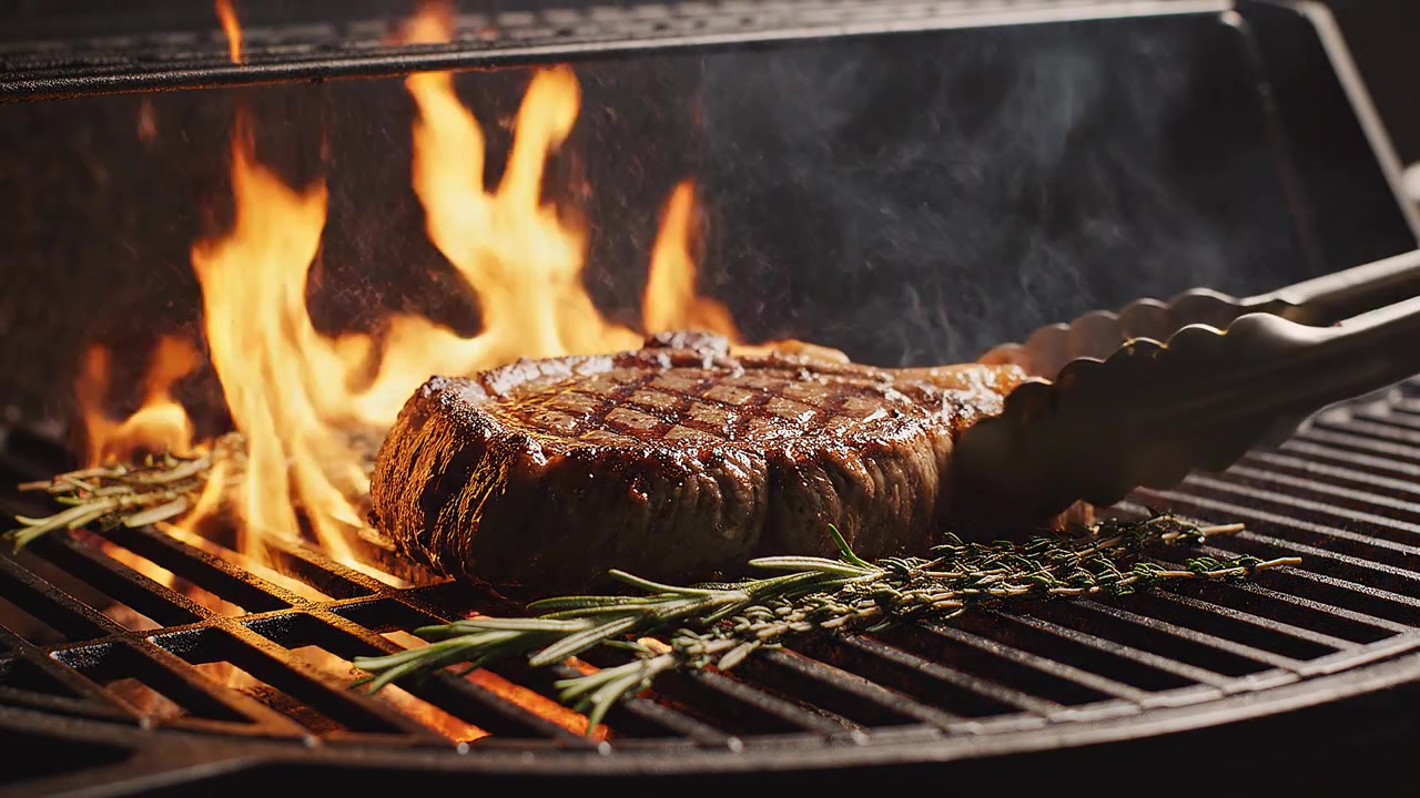 Juicy Ribeye Steak Grilling on Open Flame BBQ with Herbs