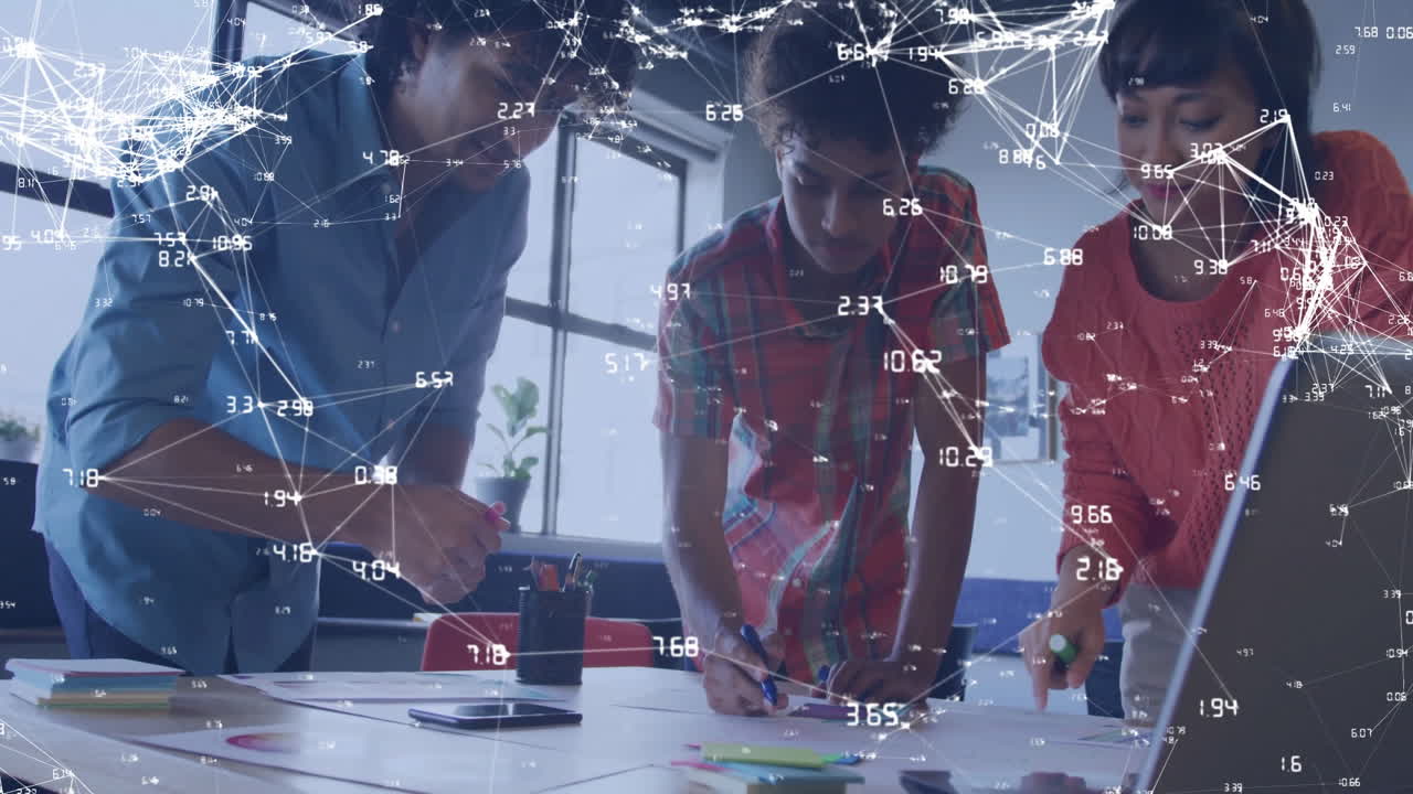 Animation of network of connections with data processing over diverse colleagues in office