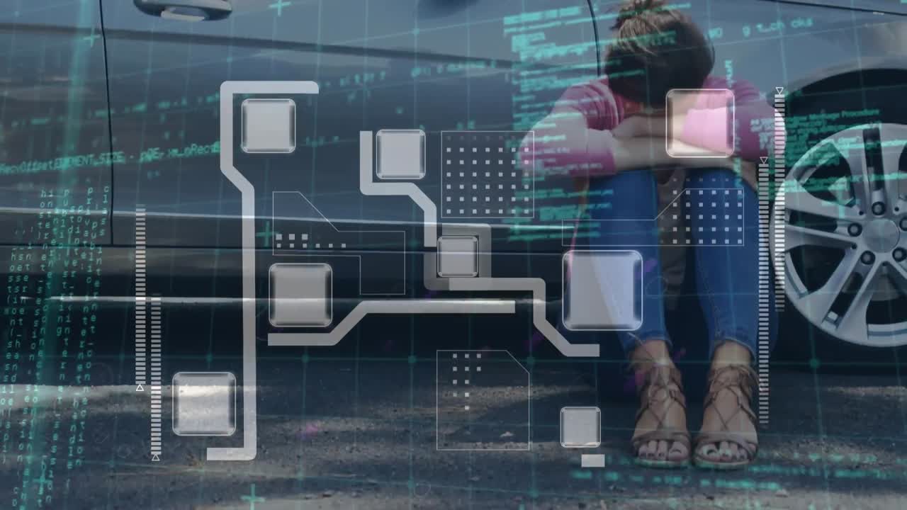 animación de conexiones y procesamiento de datos sobre mujer en coche