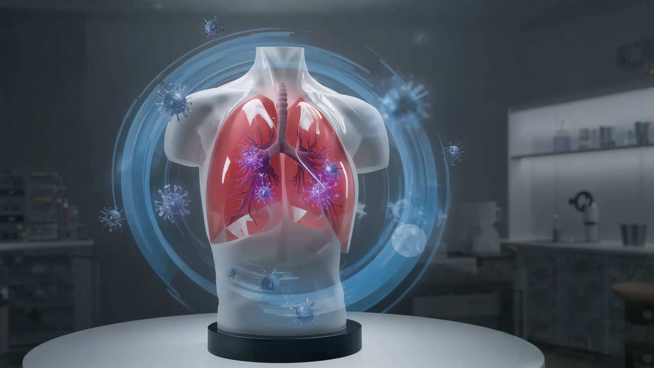 Displaying torso with pulsing lung spots, virus particles as blue ring pulsing in lab for diagnosis