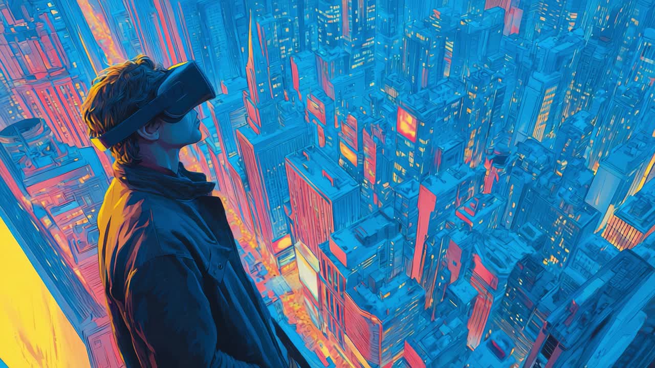 A Figure Dressed in Dark Clothing Wears a Virtual Reality Headset, Gazing Over a Vibrant, Futuristic Cityscape Bathed in Stunning Neon Colors, Capturing a Unique Fusion of Technology and Urban Beauty