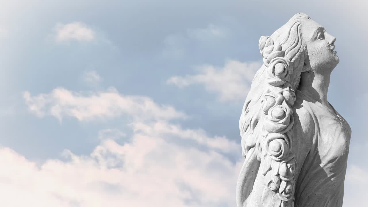 Animation of stone sculpture over sky with clouds