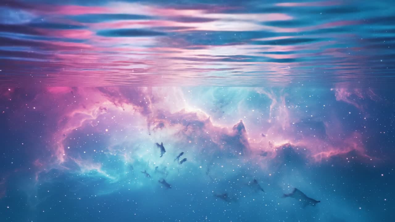 A Surreal Underwater Scene Blending Cosmic Elements with Vibrant Colors, Featuring a Majestic Display of Stars and Marine Life in an Ethereal Atmosphere