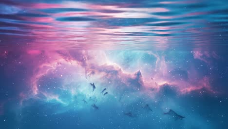 a surreal underwater scene blending cosmic elements with vibrant colors, featuring a majestic display of stars and marine life in an ethereal atmosphere