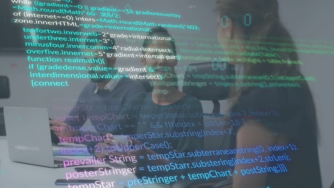 Center woman tapping smartphone scrolling code overlay while man pausing typing for tech debugging