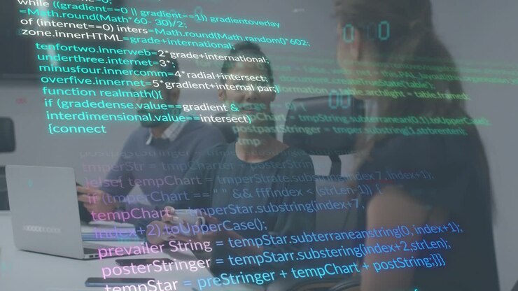 Center woman tapping smartphone scrolling code overlay while man pausing typing for tech debugging