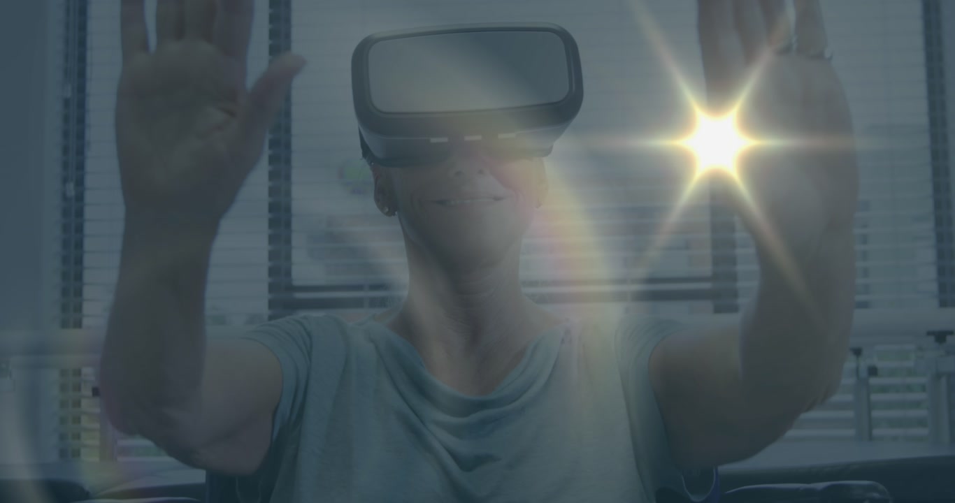 Animazione di punti luce su una donna caucasica con visore VR.