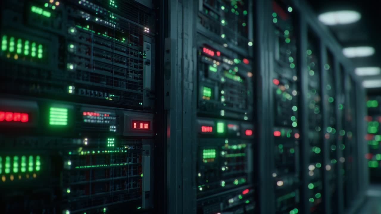 A Close-Up View of a Data Center: Illuminated Server Racks Displaying a Symmetry of Green and Red Lights in a Modern Computing Environment