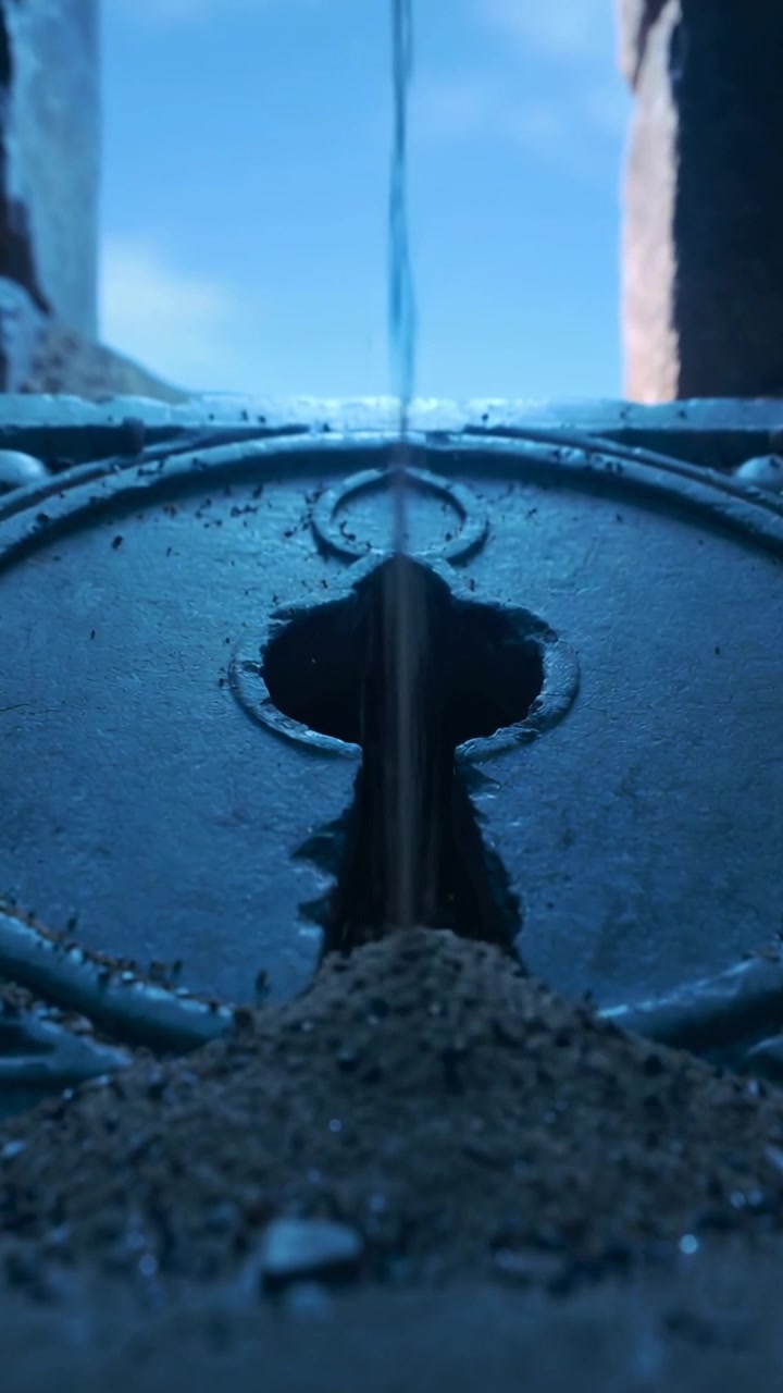Video verticale: Un filo d'acqua che inizia, passando attraverso il buco della serratura di una placca metallica ornata su un cumulo di sabbia.
