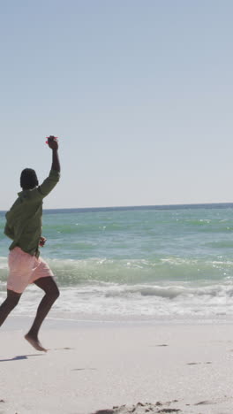 padre afroamericano sonriente con hijo volando cometa en una playa soleada