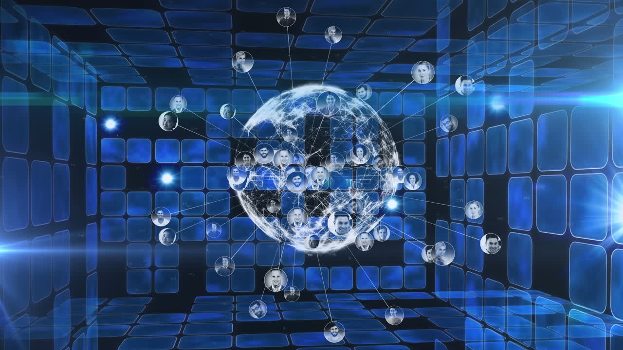 파란색 배경에 사람들의 네트워크 사진과 함께 회전하는 지구의 애니메이션