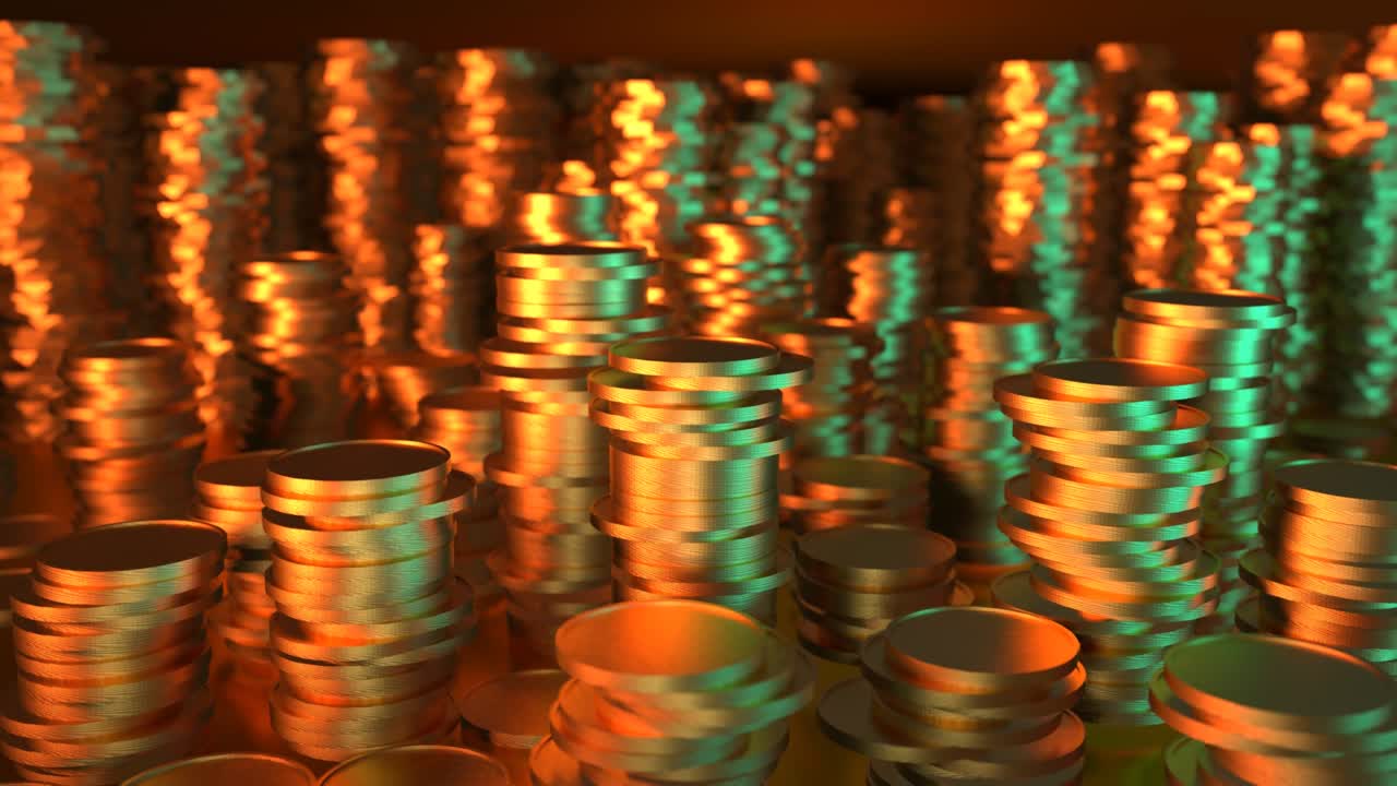 Stacks of gold coins in a bank close-up 3d render 4K