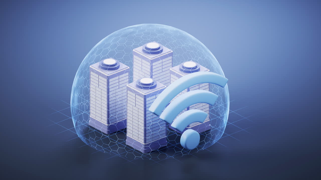 edificios de la ciudad modelo 3d y señal wifi, renderización 3d.