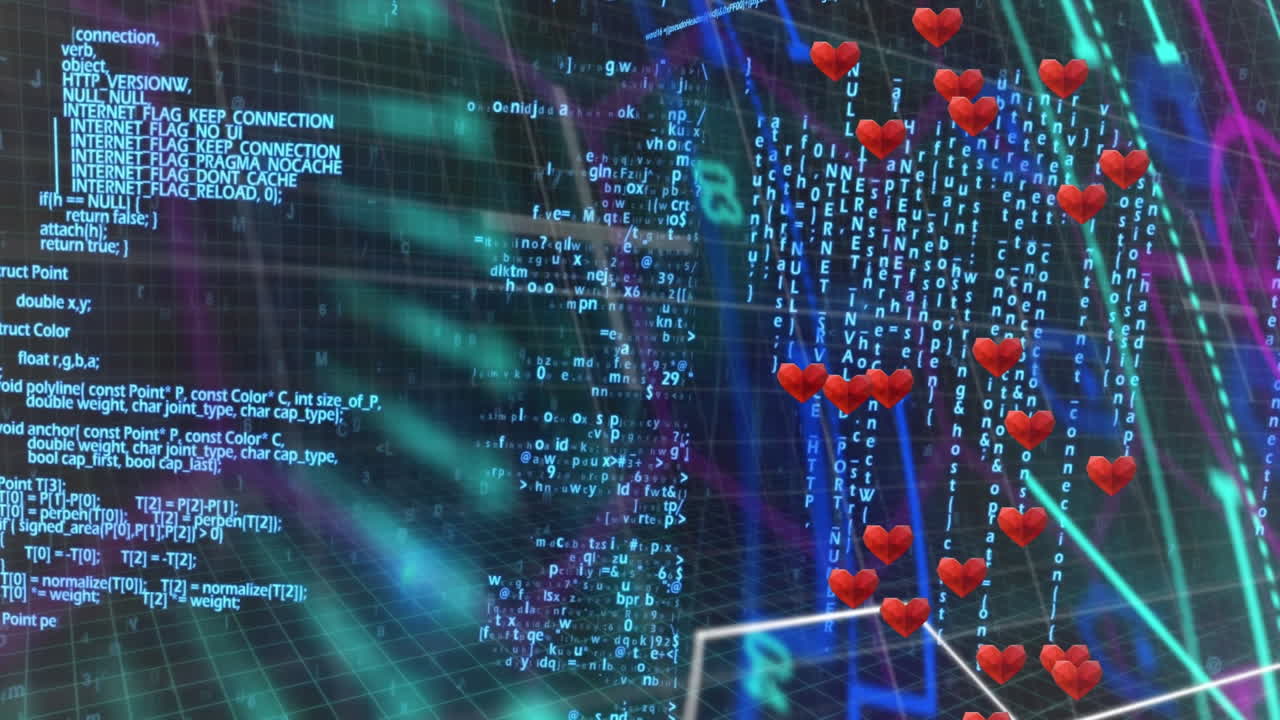 Animation of hearts floating over data processing on black background