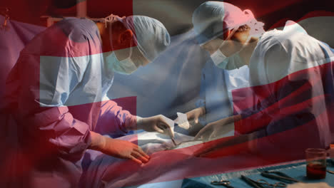 Animation-of-flag-of-switzerland-over-surgeons-in-operating-theatre