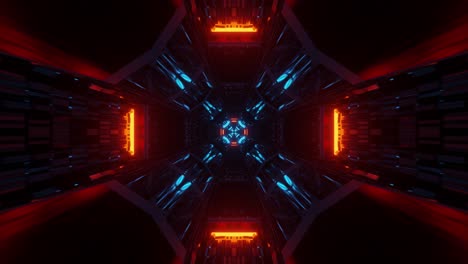 Computerized-highly-immersive-and-reflective-dark-tunnel-with-blue-and-orange-lights-illuminating-it