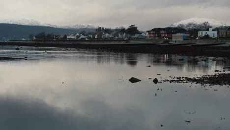 tranquil scottish loch with coastal town and snow-capped mountains