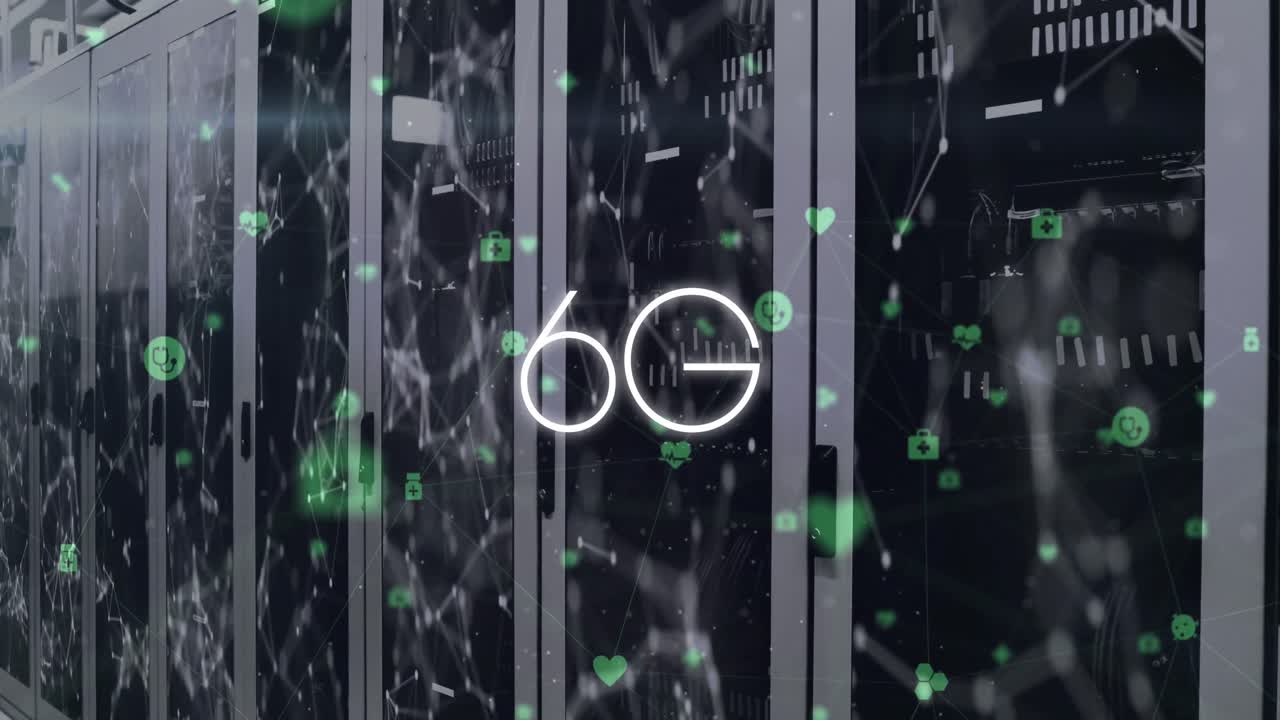 Animation of 6g text with icons over connected dots on data server systems in server room