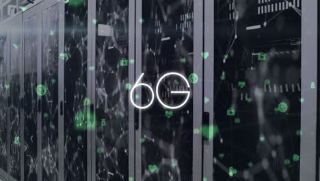 animación de texto 6g con iconos sobre puntos conectados en sistemas de servidor de datos en la sala de servidores
