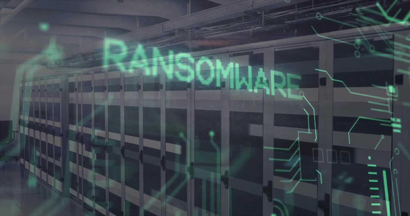 Green bits initiating glitchy letters morphing into ransomware, pulsing over racks showing threat