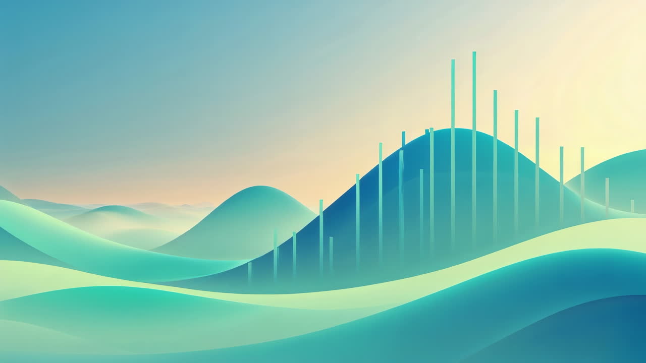 Abstract Data Landscape with Gradient Hills and Bar Graph Elements