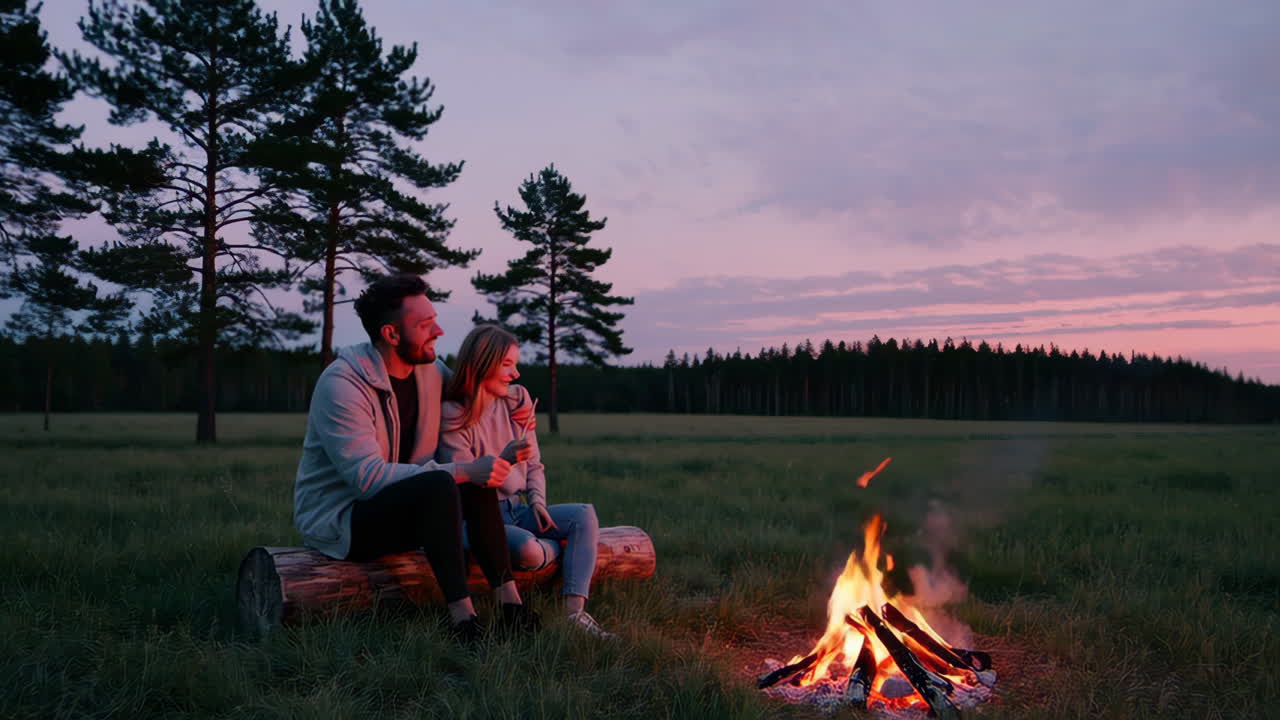 Couple Relaxing by Campfire at Sunset